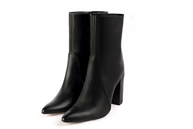 Dress ankle boots inside zip in satin black leather with high block heels and tapered toe - Front view